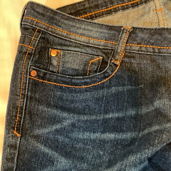 Jeans, blue wash denim, low rise, straight leg, flat pockets on back, size 13. - Picture 5 of 8